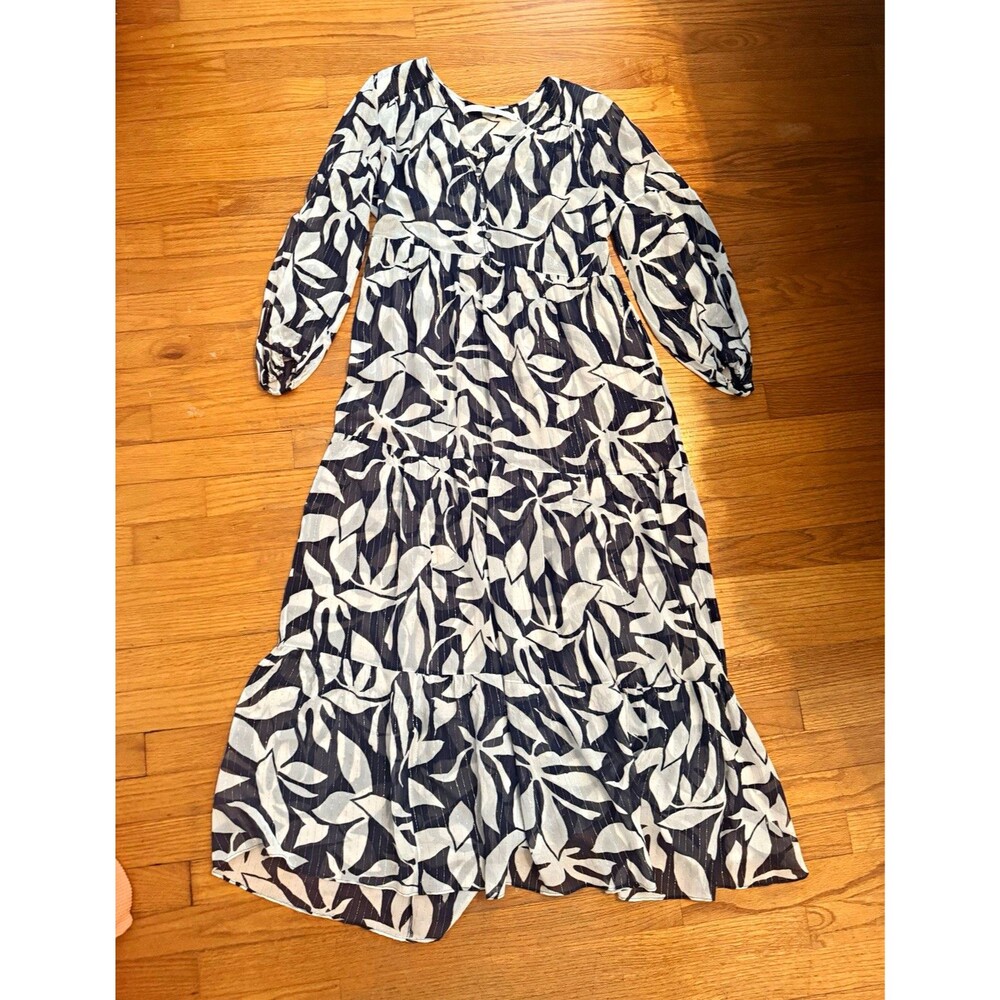 Marie Oliver XS Navy White Floral Metallic Lurex Tiered Maxi Dress Puff Sleeve